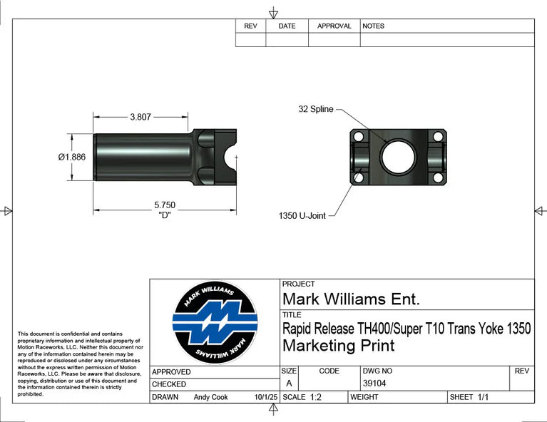 Mark Williams TH400/Super T-10 1350 Series 32 Spline Transmission Slip Yoke - Quick Release (PN: 39104)