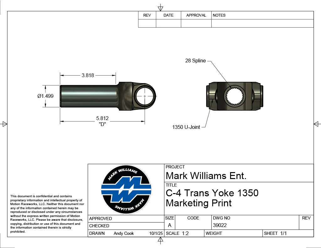 Mark Williams Ford C4 1350 Series 38 Spline Transmission Slip Yoke (PN: 39022)