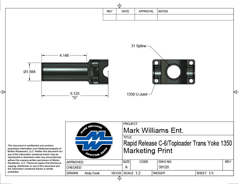 Mark Williams Ford C6 1350 Series 31 Spline Transmission Slip Yoke - Quick Release (PN: 39120)
