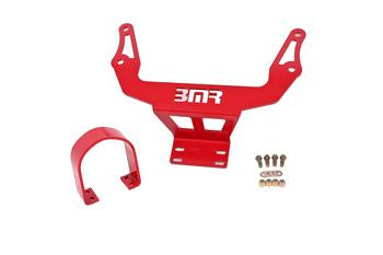 Red CNC-formed steel driveshaft safety loop with mounting bracket and hardware, designed for 2015-2023 Dodge Charger and Challenger.